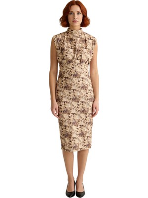 Ersefa Kadın Çok Renkli Desenli Bodycon Siluet Midi Elbise Kolsuz Dik Yaka Polyester Karışımlı Konfor