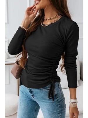 Tua Moda Kadın Uzun Kollu Bisiklet Yaka Yanları ve Kolları Büzgülü Kadife Bluz