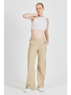 Mmetalic Kadın Bej Yüksek Bel Bol Paça Kaşkorse Fitilli Cepli Pantolon Eşofman Altı