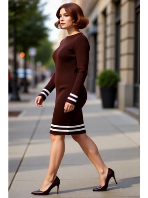 PayBuy Kadın Bodycon Kesim Fitilli Triko Kazak Elbise Çizgili Detaylı Bisiklet Yaka Uzun Kollu Stil