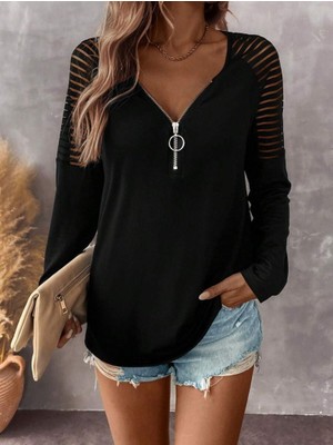 Tiana Kadın Uzun Kollu Yakadan Fermuarlı Viskon Bluz