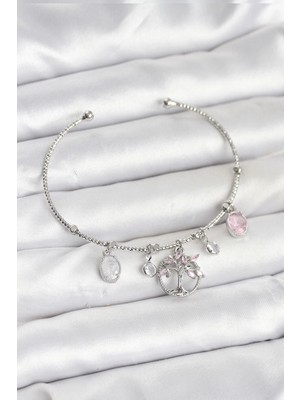 Butik Hayat Ağacı Charmlı Gümüş Renk Pirinç Kadın Bileklik