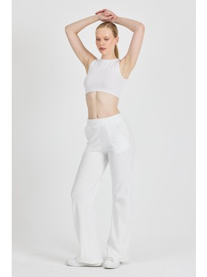 Mmetalic Kadın Ekru Yüksek Bel Bol Paça Kaşkorse Fitilli Cepli Pantolon Eşofman Altı