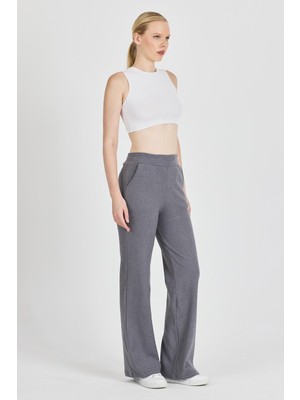 Mmetalic Kadın Füme Yüksek Bel Bol Paça Kaşkorse Fitilli Cepli Pantolon Eşofman Altı