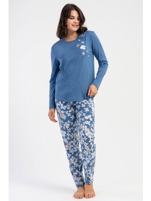 Vienetta Kadın Büyük Beden Mavi Renk Uzun Kollu Bisiklet Yaka Desenli Pijama Takımı C7T4N3305