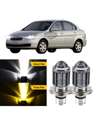 Caralp Hyundai Accent Era 2006-2012 Uyumlu Mercekli Far Ampulü LED Xenon Çift Renk Sarı-Beyaz Far Şimşek Etkili Csp LED Lamba Uzun Kısa 2 Adet Takım