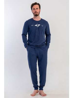 Vienetta Erkek Lacivert Uzun Kollu Bisiklet Yaka Lastikli Paça 2 Iplik Pijama Takımı C1T2N3305