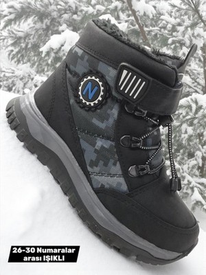 Ellaboni Erkek Çocuk Suya Soğuk Havaya Dayanıklı Cırtlı Içi Kürklü Siyah Kar Botu