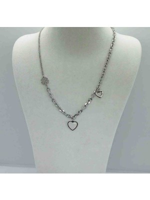 Ödül Moda Çelik Silver Sedef Kalpli Yoncalı Kolye