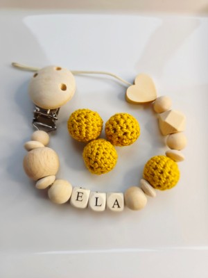 Hellemyst Kalpli Hardal Sarısı Isimli Bebek Emzik Zinciri Askısı