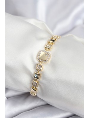 SKY Toptan Pirinç Vıp Seri Gold Renk Zirkon Taşlı Model Kadın Bileklik