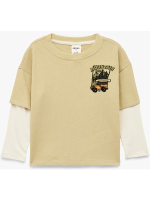 Koton Nakış Detaylı Uzun Kollu Bisiklet Yaka Pamuklu Oversize Tişört