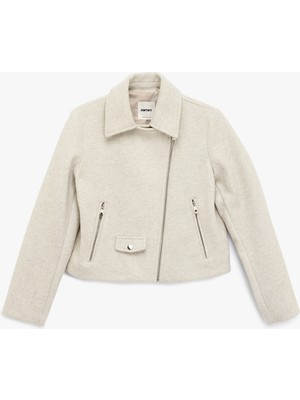 Koton Uzun Kollu Cepli Fermuarlı Crop Kaşe Ceket