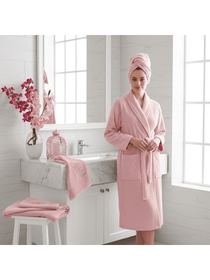 Mira Home Kadın Havlulu Banyo Bornoz Takımı %100 Pamuklu Pembe