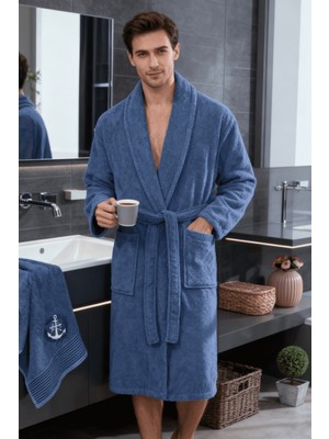 Mira Home Erkek Havlulu Banyo Bornoz Takımı %100 Pamuklu Lacivert