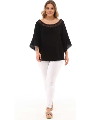 Zer Otantik Zerotantik Dantel Yakalı Büyük Beden Bluz Siyah
