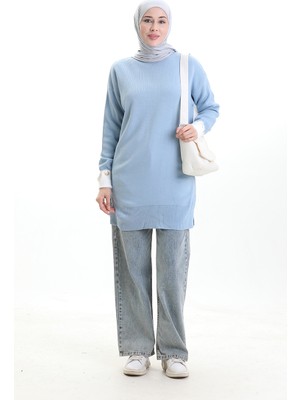 Triko Kolu Düğme Detaylı Garnili Tunik 3000-12 Mavi