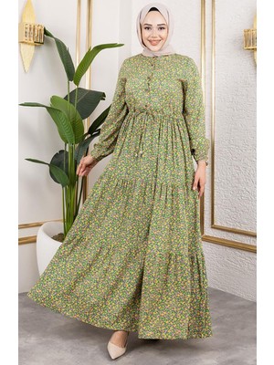 Efsun Çiçek Desenli Elbise 7136-06 Yeşil
