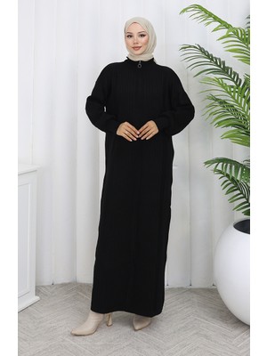 Triko Fitilli Fermuar Detaylı Elbise 0005-05 Siyah