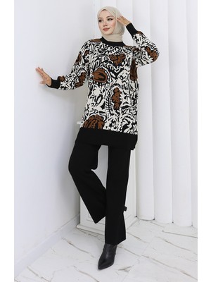 Triko Garnili Tunik Pantolon Ikili Takım 1060-07 Siyah Kahverengi