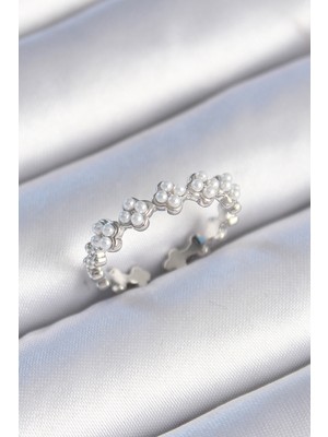 SKY Toptan Pirinç Gümüş Renk Incili Yonca Model Kadın Yüzük