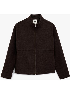 Koton Regular Fit Uzun Kollu Fermuarlı Dik Yaka Kaşe Ceket