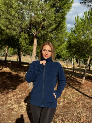 ARZ Kadın Kışlık Önü Fermuarlı Cepli Slimfit Lacivert Renk Polar