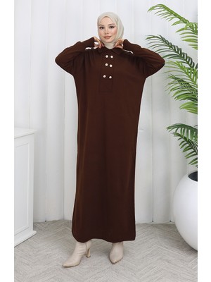 Triko Polo Yaka Düğme Detaylı Elbise 0007-04 Kahverengi
