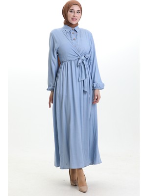 Kruvaze Yaka Düğmeli Kuşaklı Elbise 0199-04 Bebek Mavisi