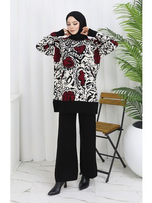 Triko Garnili Tunik Pantolon Ikili Takım 1060-06 Siyah Bordo