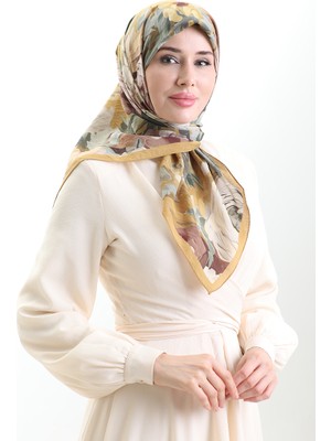 Karaca Çiçek Desenli Doğal Elyaf Eşarp 82017-03 Hardal Yeşil