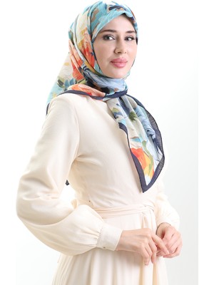 Karaca Çiçek Desenli Doğal Elyaf Eşarp 82017-07 Lacivert Indigo