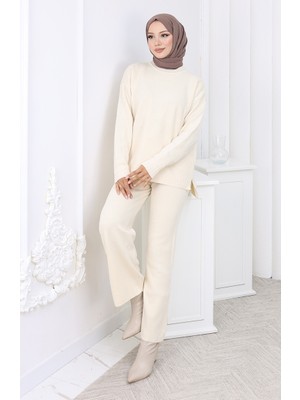 Triko Kalp Desenli Kazak Pantolon Ikili Takım 0016-01 Bej