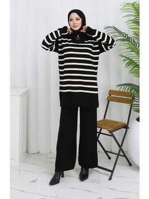 Triko Balıkçı Yaka Çizgili Tunik Pantolon Ikili Takım 1107-07 Siyah