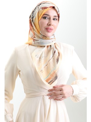 Karaca Desenli Doğal Elyaf Eşarp 82019-02 Sarı Kahverengi