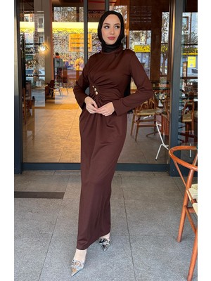 Önden Düğmeli Elbise 4620-05 Kahverengi