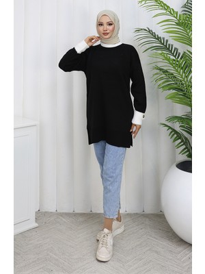 Triko Kolu Düğme Detaylı Garnili Tunik 3000-01 Siyah