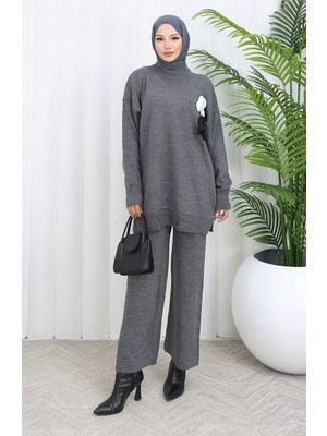 Triko Balıkçı Yaka Tunik Pantolon Ikili Takım 1015-03 Gri