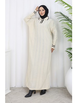 Triko Polo Yaka Düğmeli Elbise 1135-08 Bej