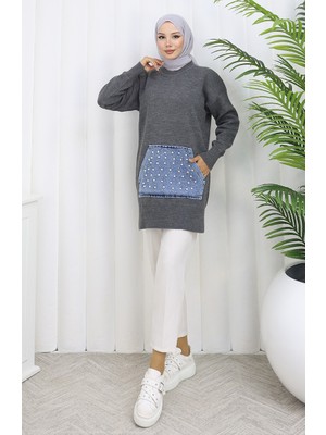 Triko Kanguru Cepli Inci Detaylı Tunik 3030-03 Gri