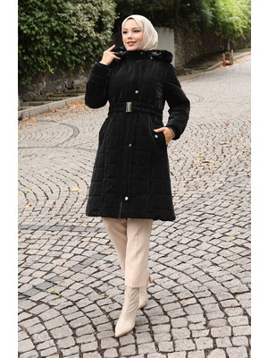 Kürk Kapüşonlu Kemerli Kapitone Mont 6307-01 Siyah