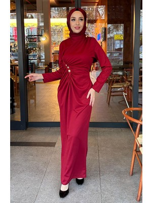 Önden Düğmeli Elbise 4620-04 Bordo