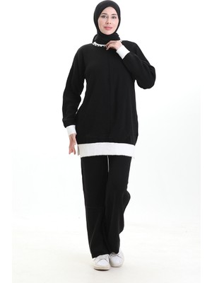 Triko Inci Detaylı Tunik Pantolon Ikili Takım 1011-09 Siyah
