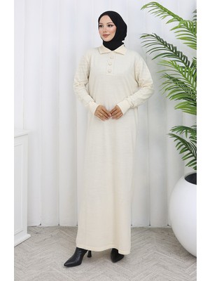 Triko Polo Yaka Düğme Elbise 1141-05 Bej