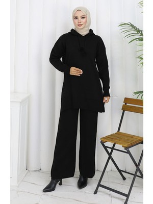 Triko Kapüşonlu Tunik Pantolon Ikili Takım 1079-06 Siyah