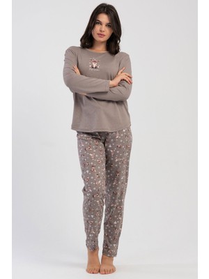 Vienetta Kadın Büyük Beden Espresso Uzun Kollu Bisiklet Yaka Desenli Pijama Takımı C0T7N2305