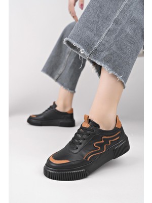 Nesil Shoes Comfo 101 Siyah Taba Hakiki Soft Deri Kadın Sneakers