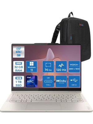 Lenovo Yoga 7 2-In-1 14ILL10 Intel Core Ultra 7 258V 32GB 1tb SSD Windows 11 Pro Intel Arc 140V OLED 1100NITS 14" Wqxga+ (2880X1800) 120HZ Dokunmatik 83JQ005LTRP03 + Yoga Kalem + Zetta Çanta