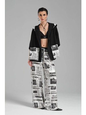 Tw3 Kadın Gazete Baskılı Beli Lastikli Tasarım Pantolon
