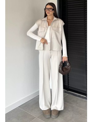 Gülseli Kadın Çift Cepli Yelek Bel Lastikli Çimalı Palazzo Pantolon Ikili Takım P-00018852